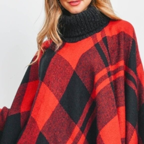 CHIC Plaid Print Knit Turtleneck Poncho Top - Picture 3 of 7